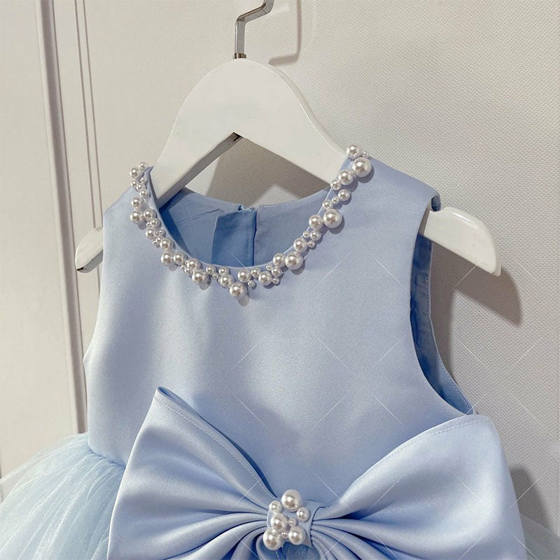 TinyTulle Blue Satin and Tulle A-Line Tea-Length Flower Girl Dress with Bow