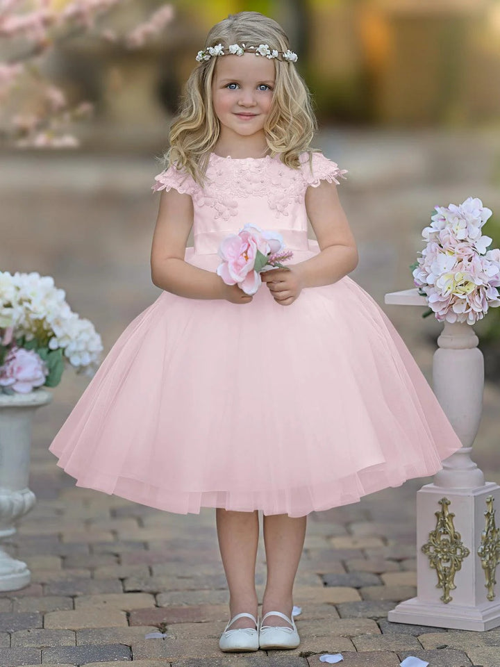 TinyTulle White Satin Tulle Tea-Length Flower Girl Dress for First Communion &amp; Wedding
