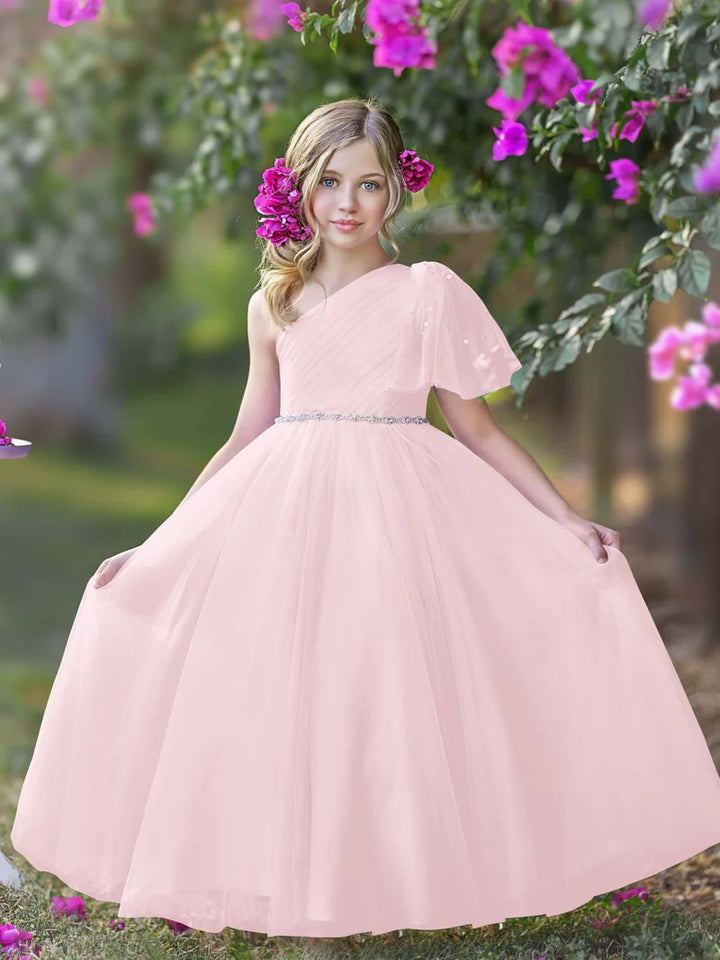 TinyTulle Romantic Lavender One-Shoulder Tulle A-Line Flower Girl Dress