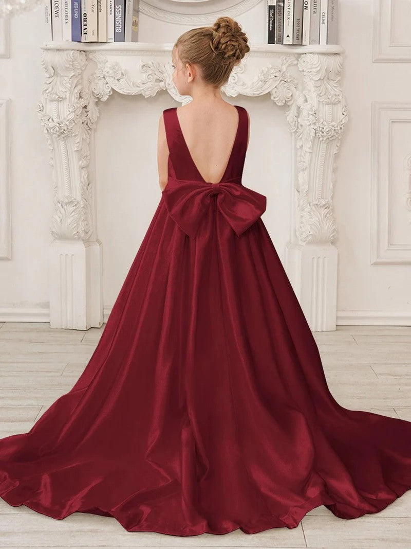 TinyTulle Elegant Ivory Satin A-Line Gown with Deep V-Back &amp; Oversized Bow