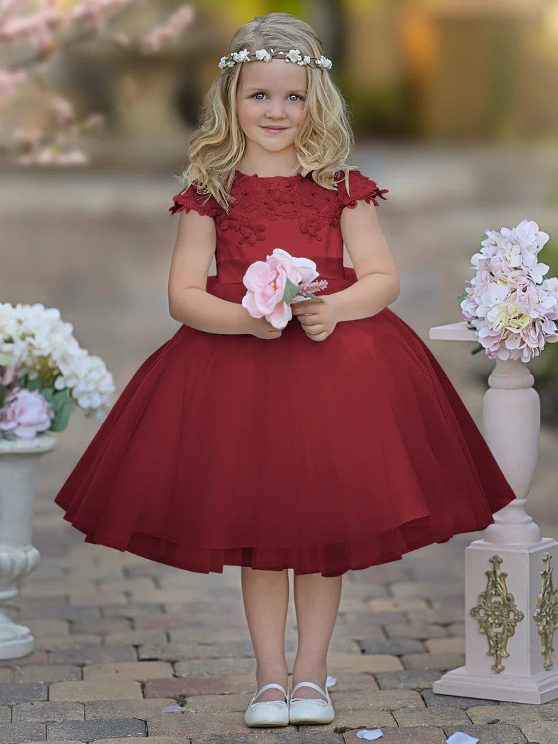 TinyTulle White Satin Tulle Tea-Length Flower Girl Dress for First Communion &amp; Wedding