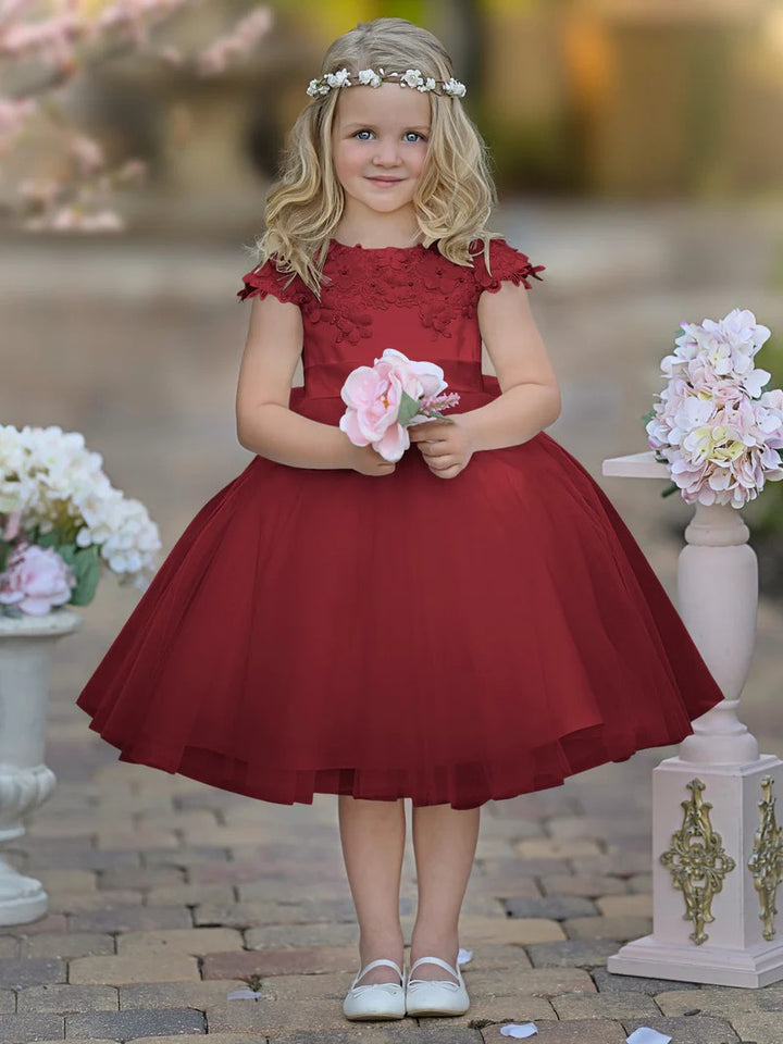 TinyTulle White Satin Tulle Tea-Length Flower Girl Dress for First Communion &amp; Wedding