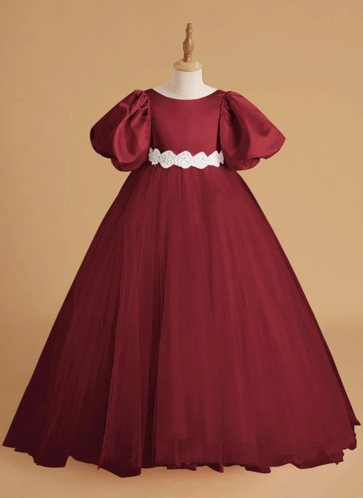 TinyTulle Elegant Satin &amp; Tulle Puff Sleeve Ball Gown with Beaded Waistband for First Communion &amp; Weddings