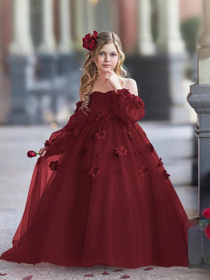 TinyTulle Romantic Off-the-Shoulder Tulle Princess Dress with 3D Floral Details