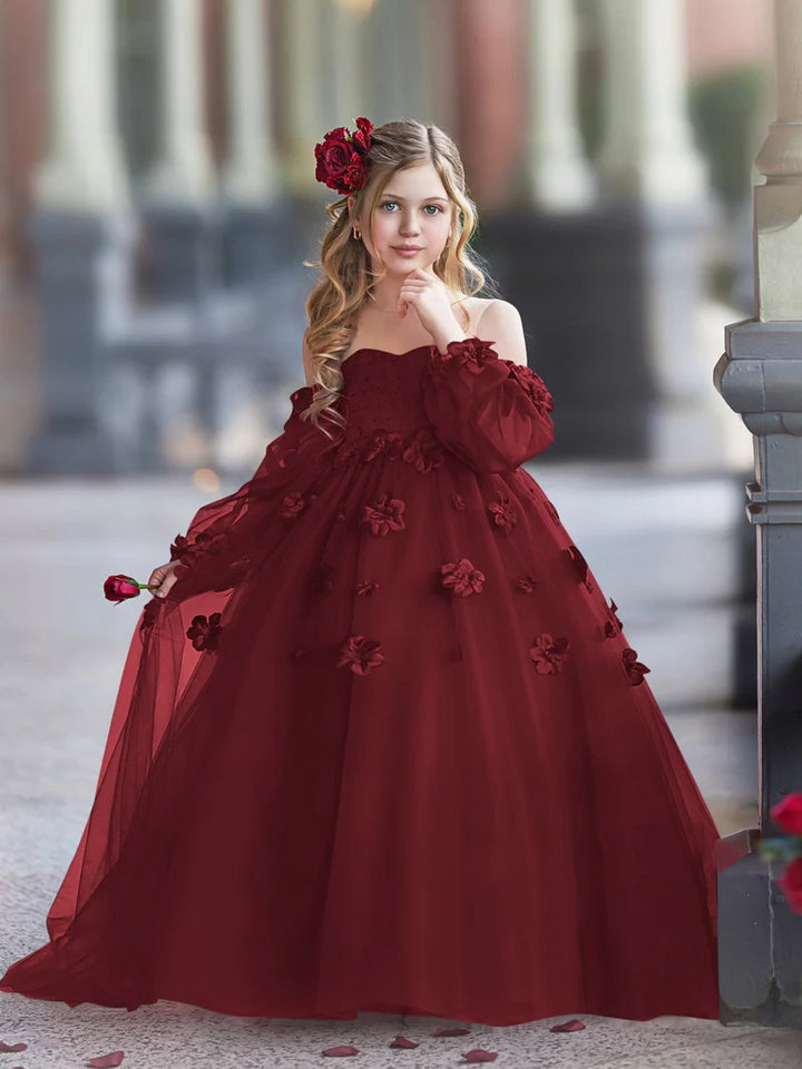 TinyTulle Romantic Off-the-Shoulder Tulle Princess Dress with 3D Floral Details