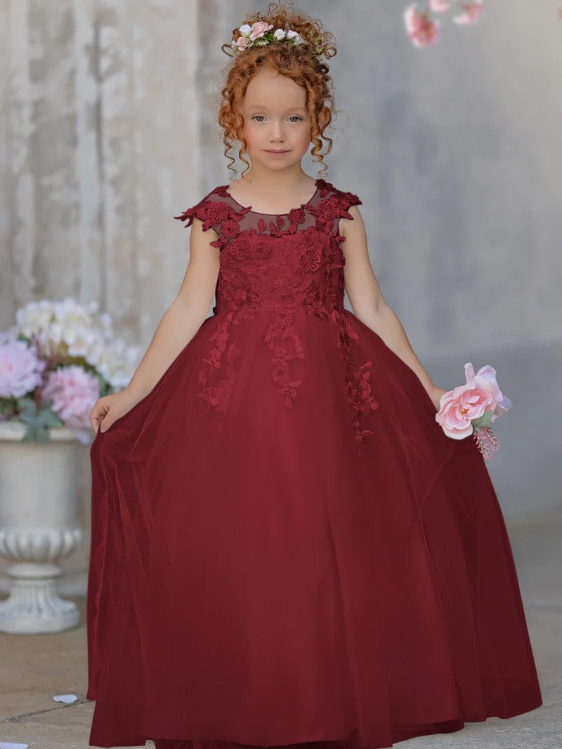 TinyTulle Elegant Sleeveless Floral Appliqué Tulle Floor-Length Flower Girl Dress