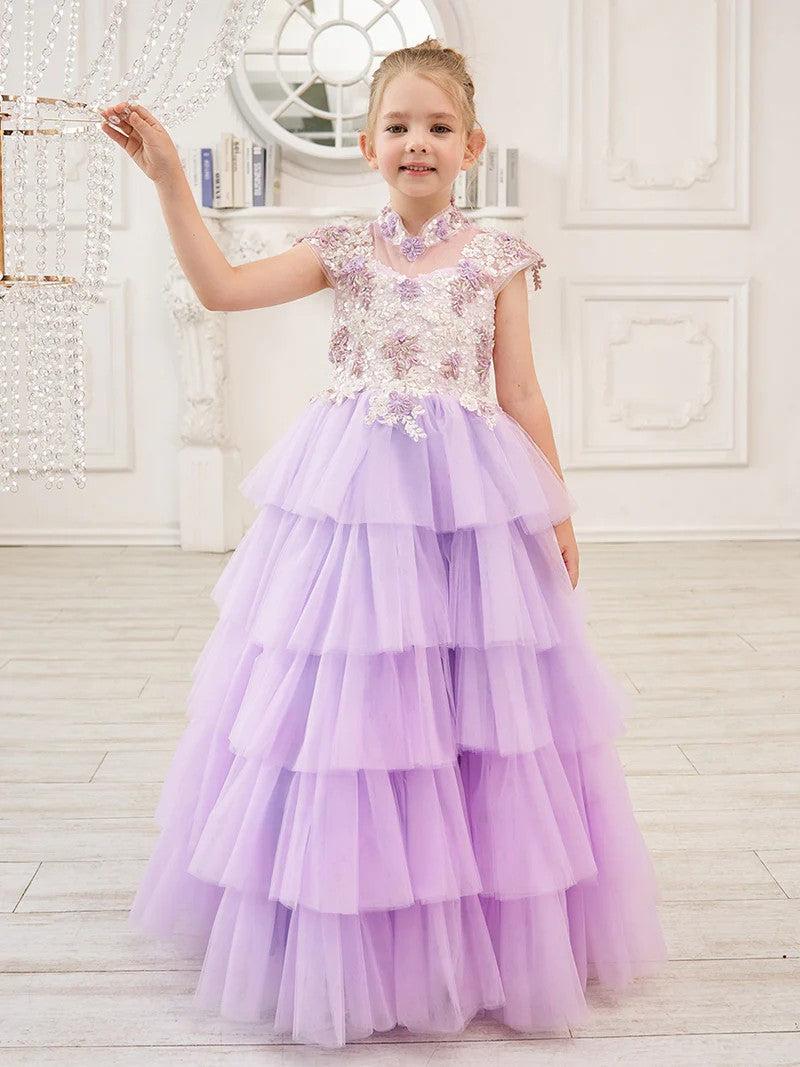 TinyTulle Lilac Cap Sleeve Lace Appliqué Tulle Flower Girl Dress for Special Occasions