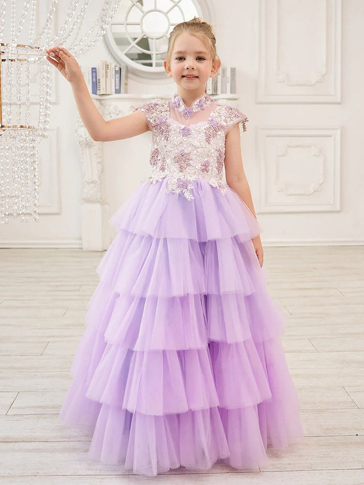 TinyTulle Lilac Cap Sleeve Lace Appliqué Tulle Flower Girl Dress for Special Occasions