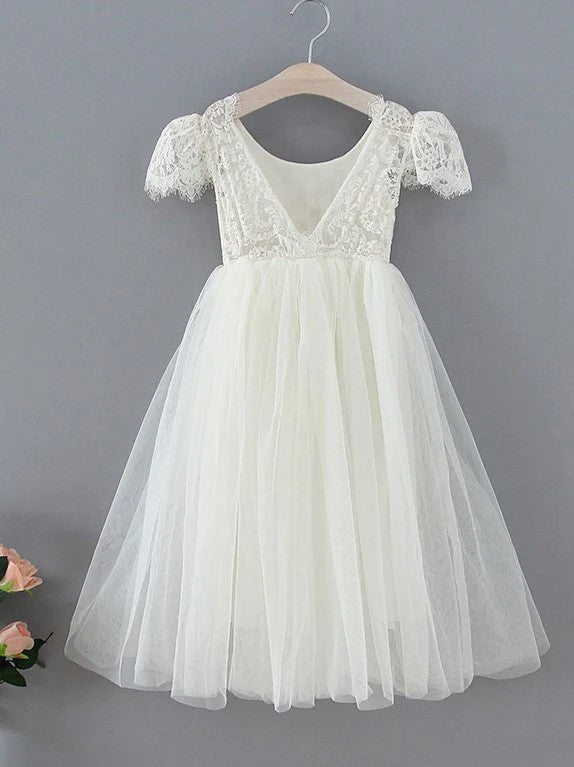 TinyTulle White A-Line Lace Ankle-length Boho Flower Girl Dress