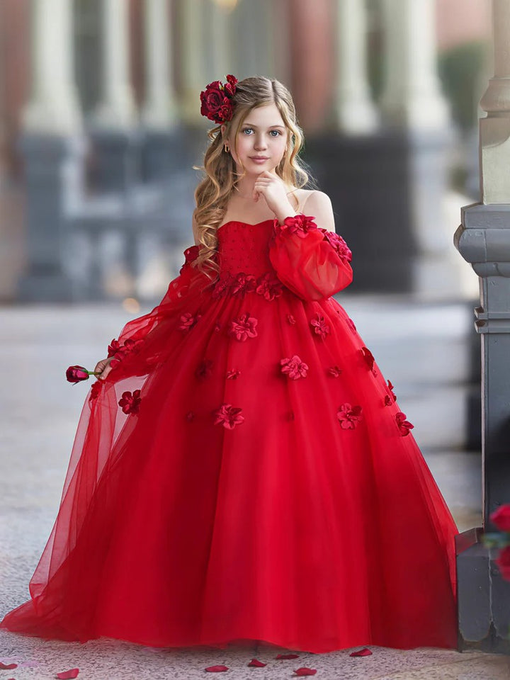 TinyTulle Romantic Off-the-Shoulder Tulle Princess Dress with 3D Floral Details