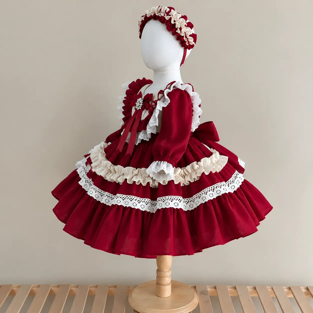 TinyTulle Elegant Burgundy Flower Girl Dress with Lace Trim and Tiered Ruffle Skirt