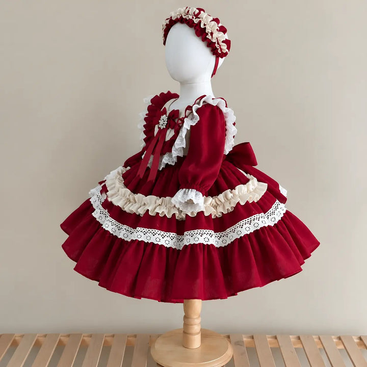 TinyTulle Elegant Burgundy Flower Girl Dress with Lace Trim and Tiered Ruffle Skirt