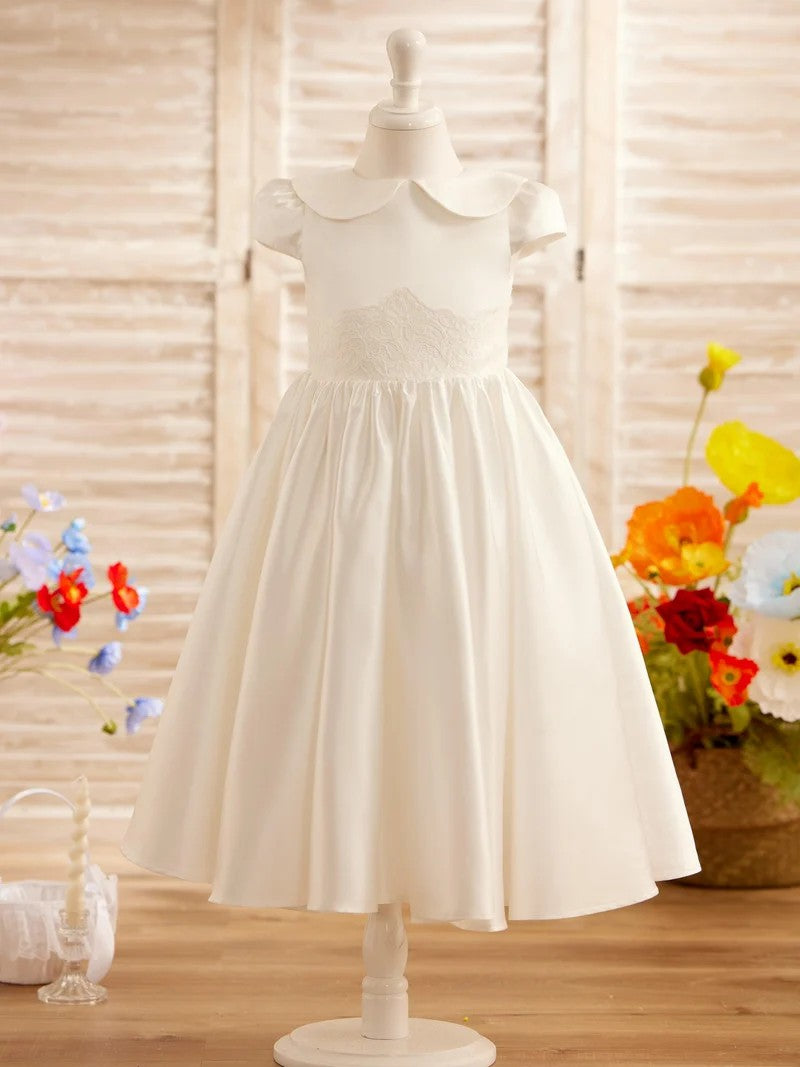 TinyTulle Ivory Satin A-Line Dress with Cap Sleeves for First Communion &amp; Flower Girls