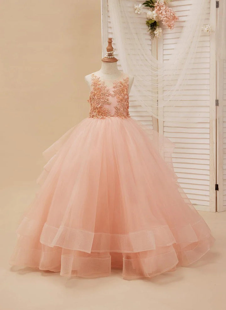 TinyTulle Elegant Blush Pink Layered Tulle Flower Girl Dress with Embroidered Appliqués