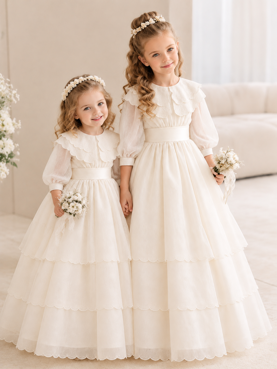 TinyTulle Ivory Tiered Tulle Flower Girl Dress with Elegant Lace Collar
