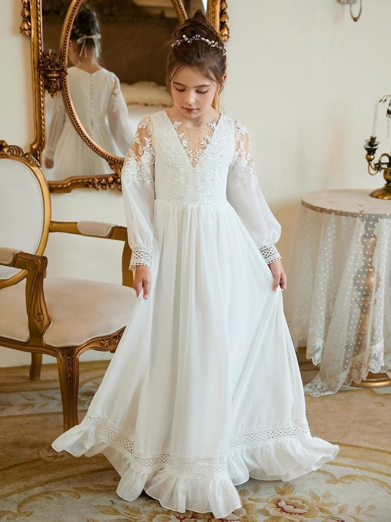 TinyTulle Elegant Ivory Lace Long Sleeve V-Neck Flower Girl Dress with Ruffle Hem