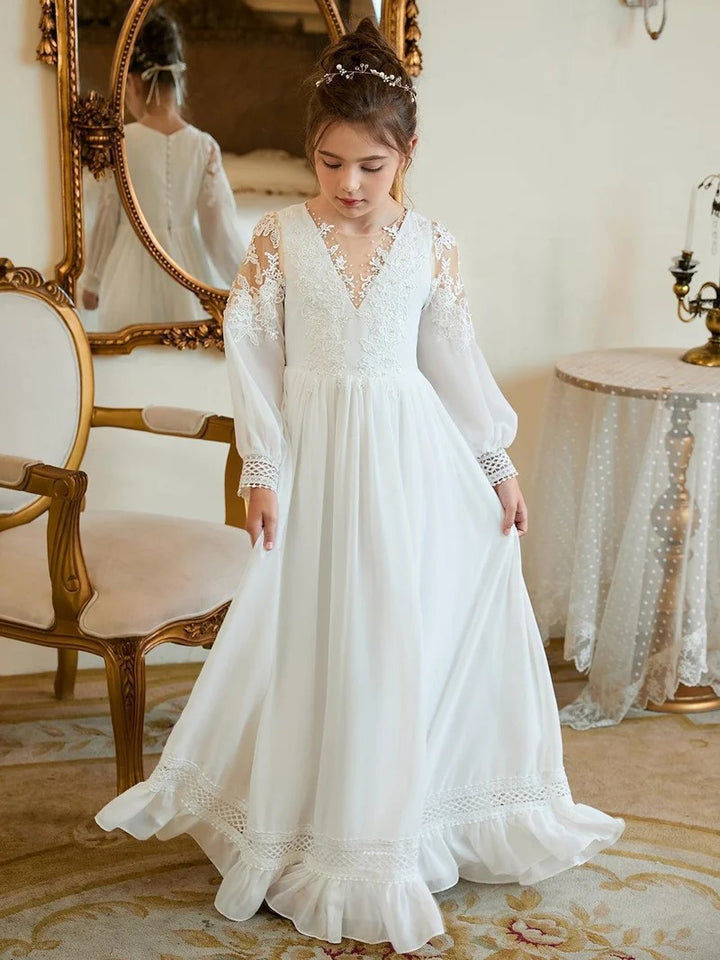TinyTulle Elegant Ivory Lace Long Sleeve V-Neck Flower Girl Dress with Ruffle Hem