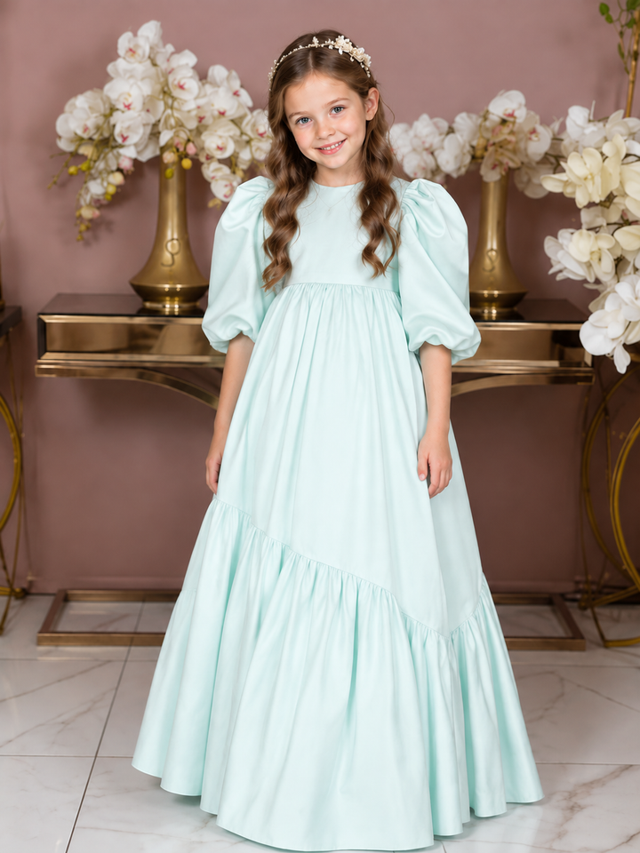 TinyTulle Mint Green Puff Sleeve Satin Flower Girl Dress with Oversized Bow