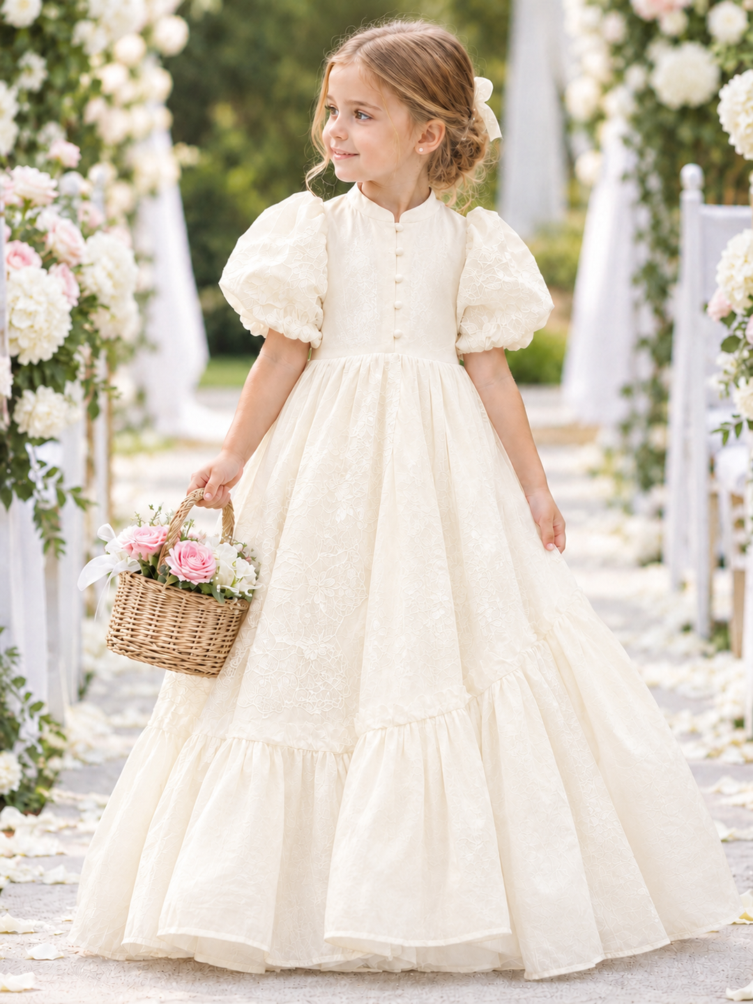 TinyTulle White Vintage Lace Flower Girl Dress with Puff Sleeves