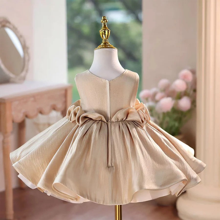 TinyTulle Elegant Champagne Floral Waistband Flower Girl Dress with Pleated Bodice