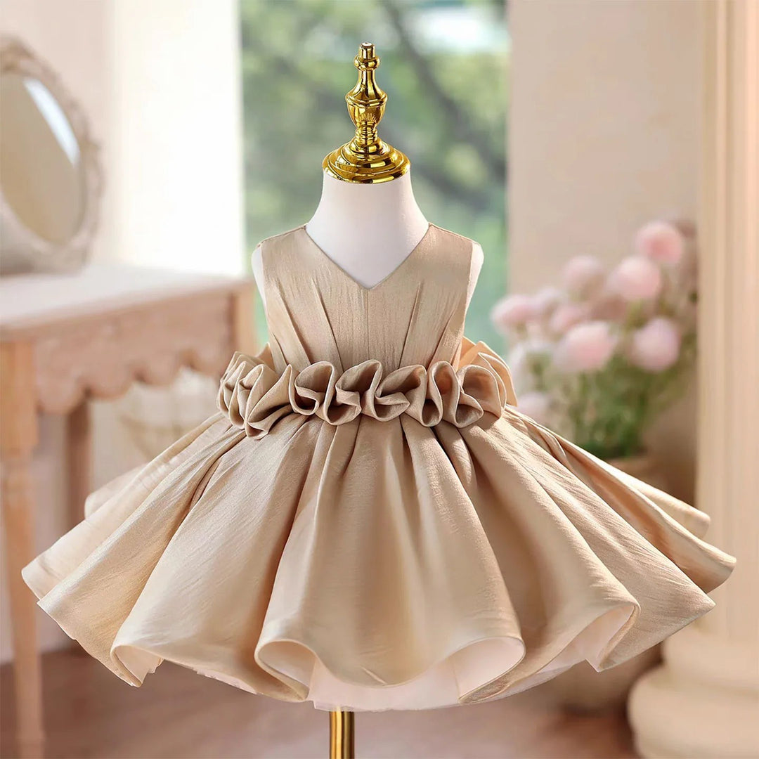 TinyTulle Elegant Champagne Floral Waistband Flower Girl Dress with Pleated Bodice