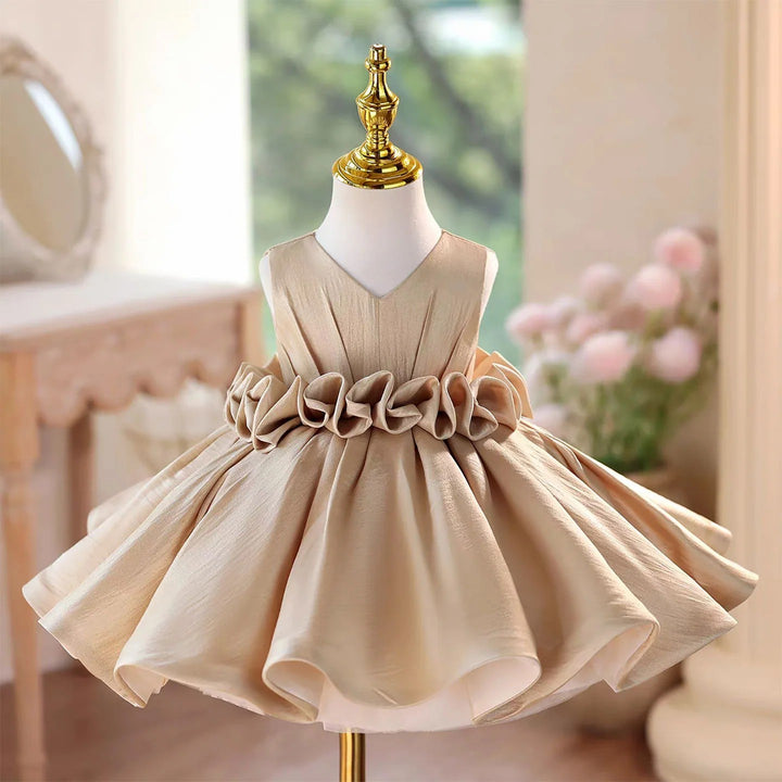TinyTulle Elegant Champagne Floral Waistband Flower Girl Dress with Pleated Bodice