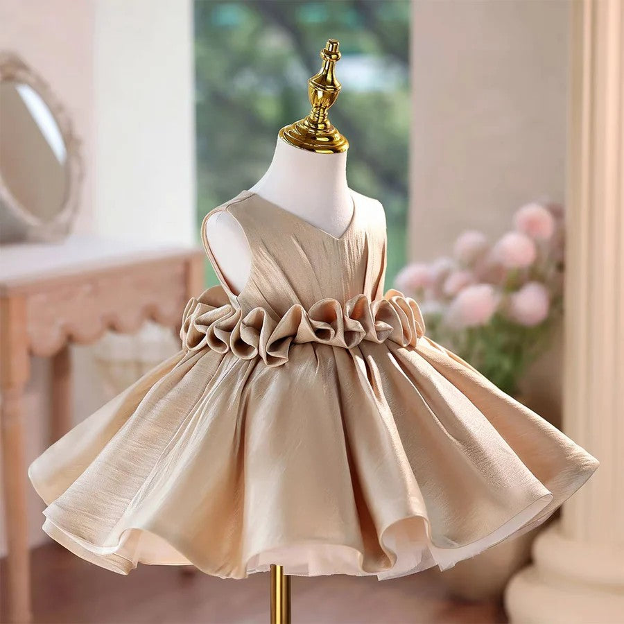 TinyTulle Elegant Champagne Floral Waistband Flower Girl Dress with Pleated Bodice