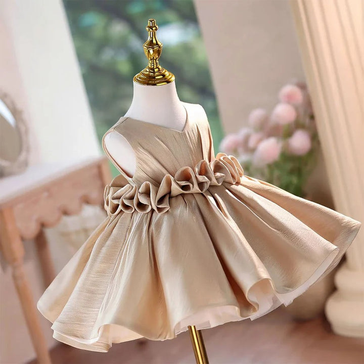 TinyTulle Elegant Champagne Floral Waistband Flower Girl Dress with Pleated Bodice