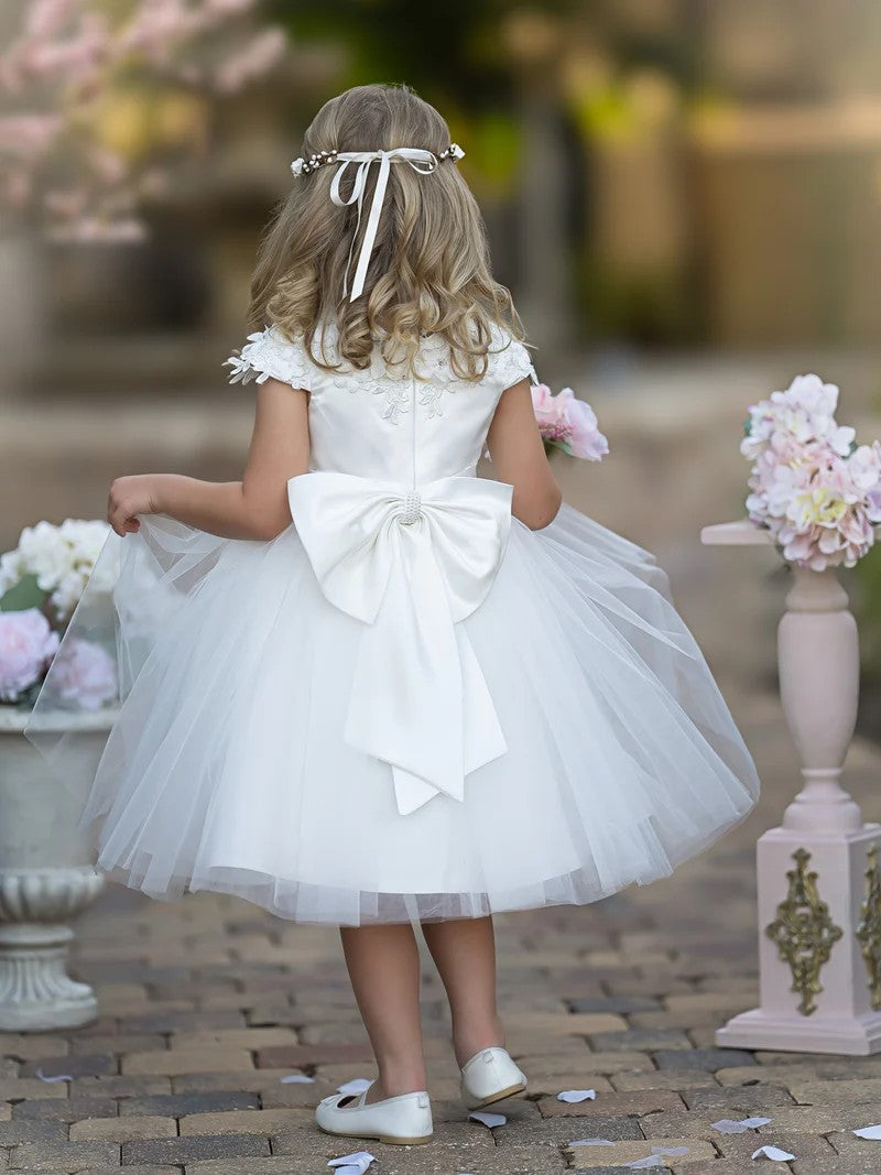 TinyTulle White Satin Tulle Tea-Length Flower Girl Dress for First Communion &amp; Wedding