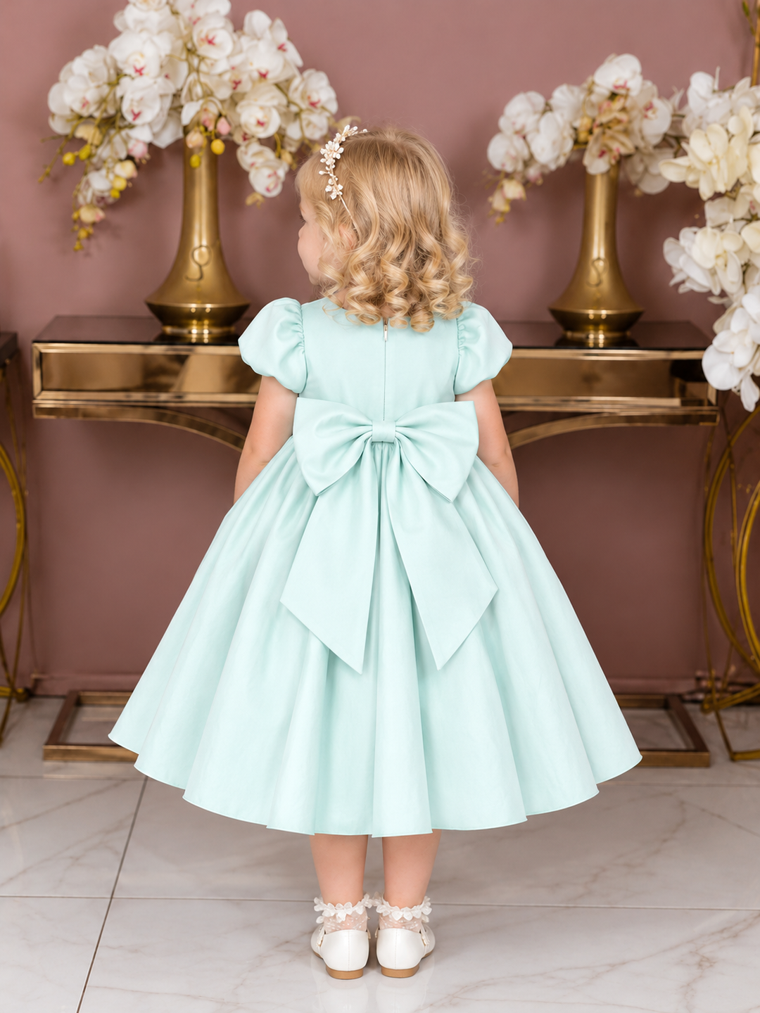 TinyTulle Elegant Satin Mint Green Puff Sleeve Baby Girl Dress with Statement Bow