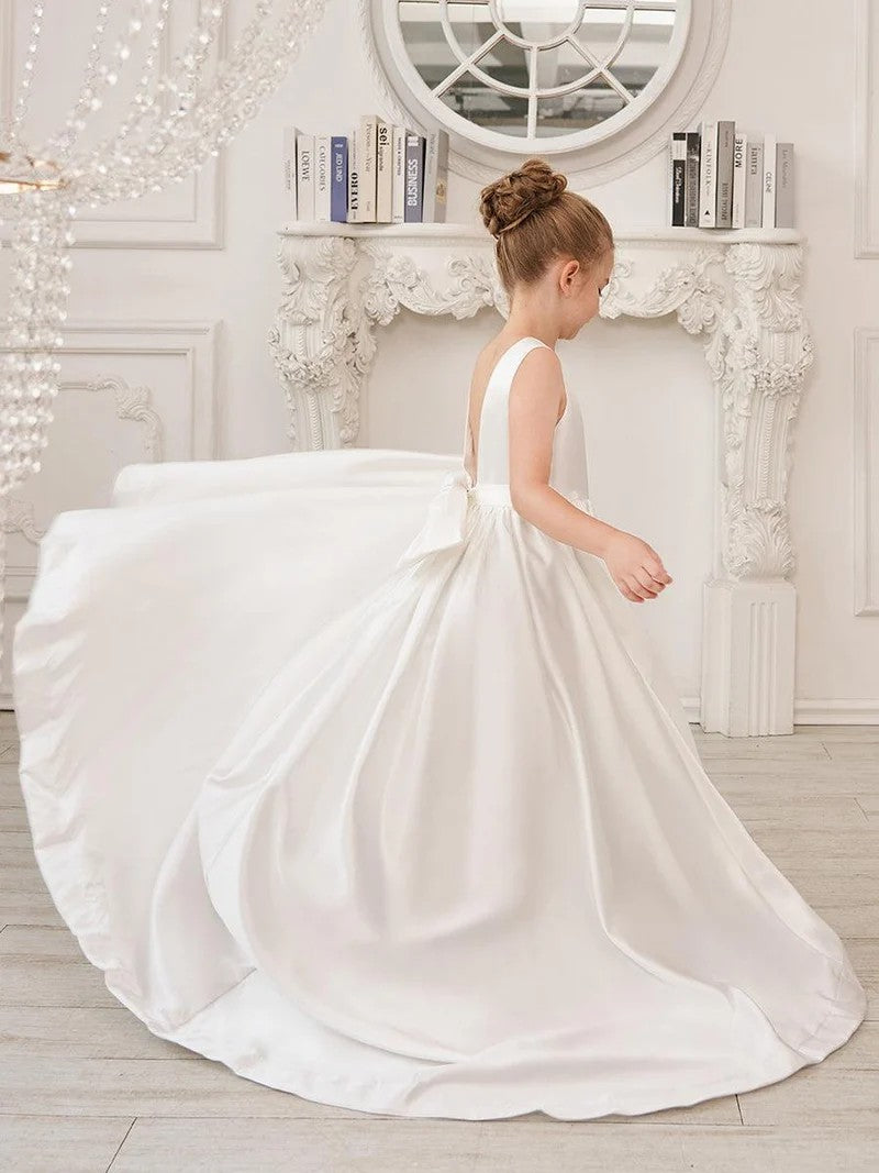 TinyTulle Elegant Ivory Satin A-Line Gown with Deep V-Back &amp; Oversized Bow