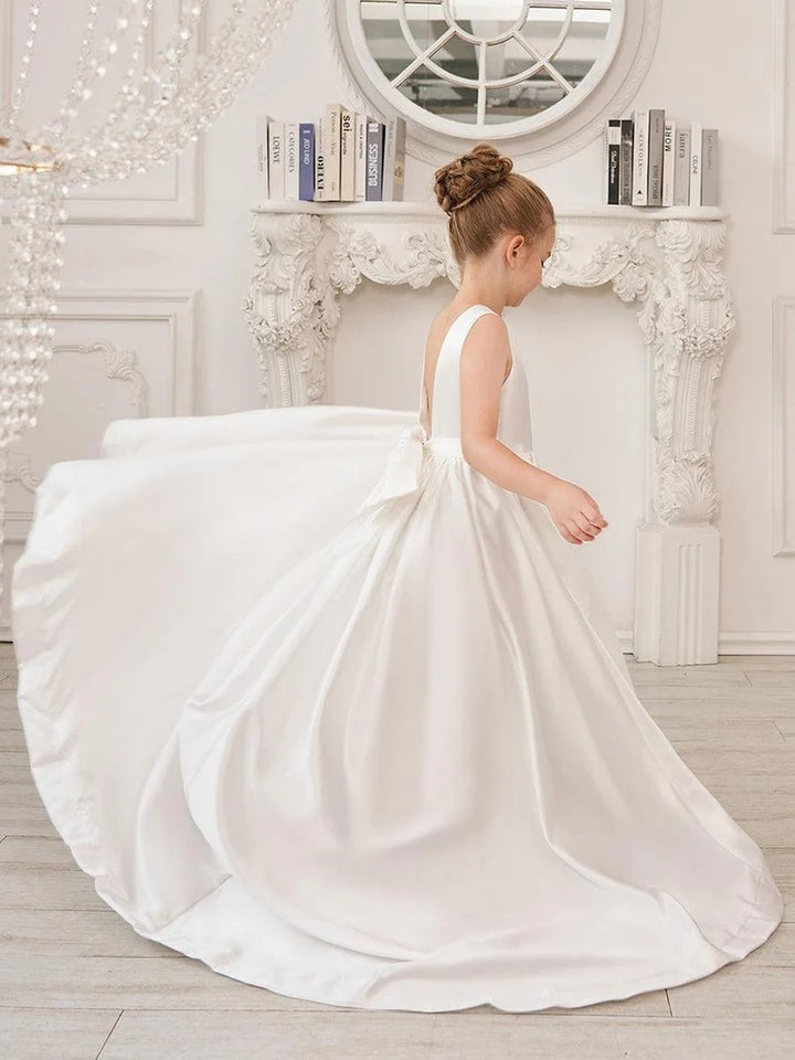 TinyTulle Elegant Ivory Satin A-Line Gown with Deep V-Back &amp; Oversized Bow