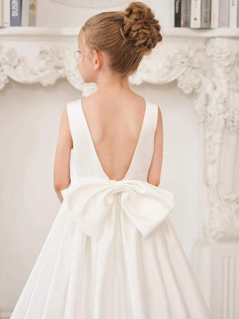 TinyTulle Elegant Ivory Satin A-Line Gown with Deep V-Back &amp; Oversized Bow