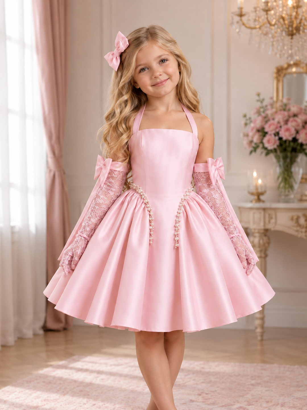 TinyTulle Pink Satin Flower Girl Dress with Lace Gloves, Pearl Trim &amp; Bow Details