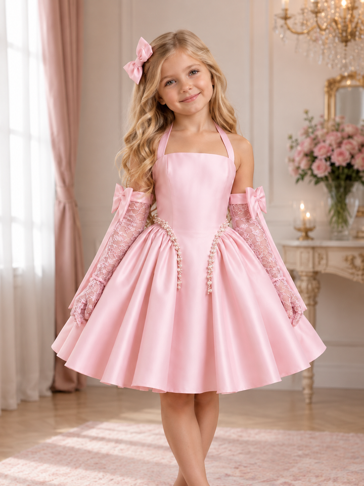 TinyTulle Pink Satin Flower Girl Dress with Lace Gloves, Pearl Trim &amp; Bow Details
