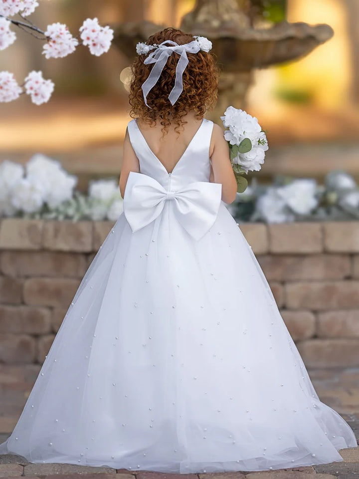 TinyTulle White Satin V-Neck Sleeveless Tulle Flower Girl Dress with Bow