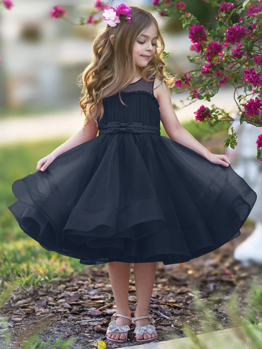 TinyTulle Elegant Magenta Tulle Flower Girl Dress with Bow Waist and Flowy Hem