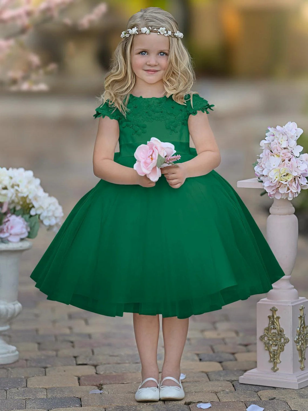 TinyTulle White Satin Tulle Tea-Length Flower Girl Dress for First Communion &amp; Wedding