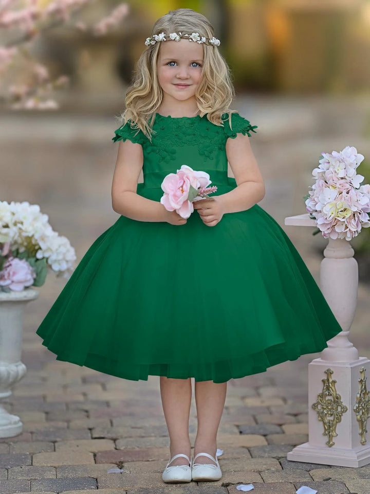 TinyTulle White Satin Tulle Tea-Length Flower Girl Dress for First Communion &amp; Wedding