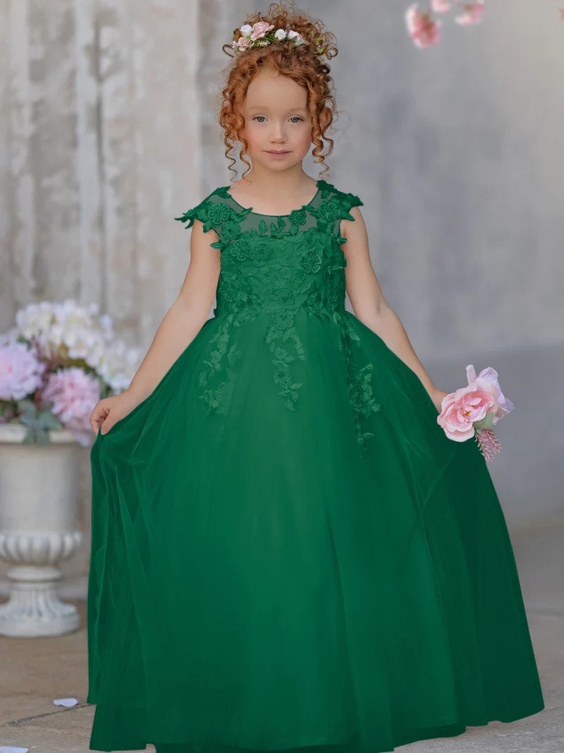 TinyTulle Elegant Sleeveless Floral Appliqué Tulle Floor-Length Flower Girl Dress