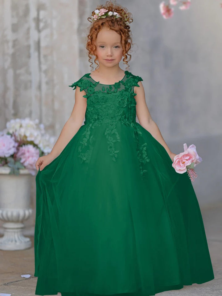 TinyTulle Elegant Sleeveless Floral Appliqué Tulle Floor-Length Flower Girl Dress