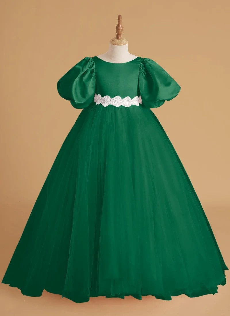TinyTulle Elegant Satin &amp; Tulle Puff Sleeve Ball Gown with Beaded Waistband for First Communion &amp; Weddings