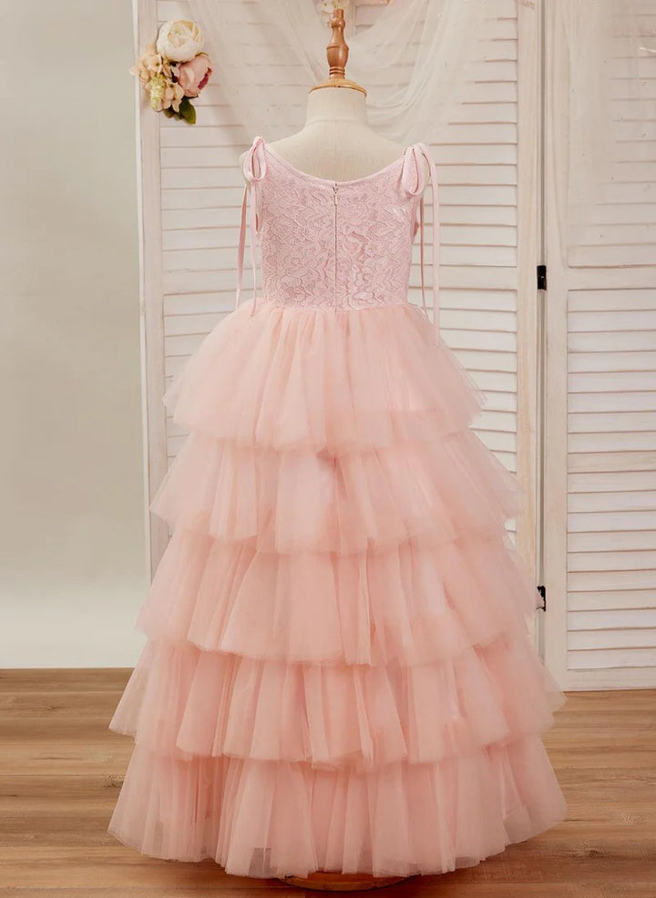 TinyTulle Pink Lace Sleeveless Layered Tulle Flower Girl Dress