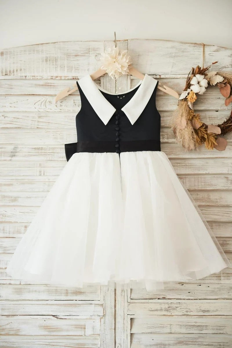 TinyTulle Black &amp; White Princess Tulle Baby Girl Dress with Oversized Waist Bow