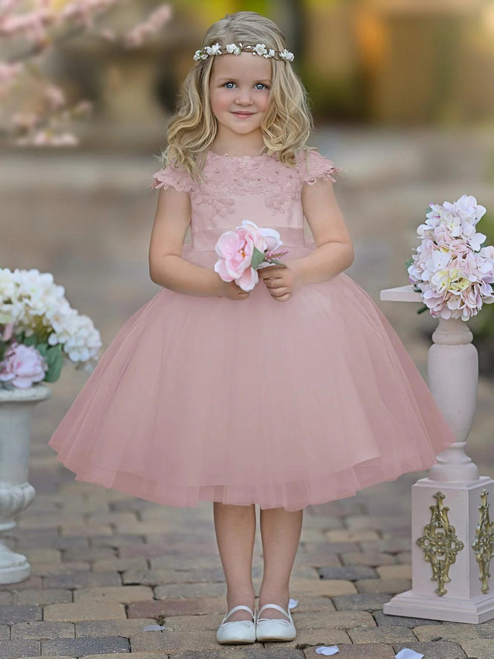 TinyTulle White Satin Tulle Tea-Length Flower Girl Dress for First Communion &amp; Wedding