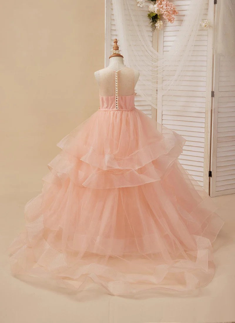 TinyTulle Elegant Blush Pink Layered Tulle Flower Girl Dress with Embroidered Appliqués