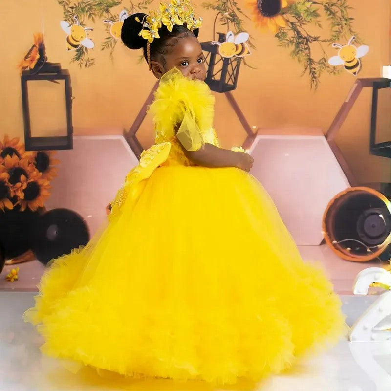 TinyTulle Puffy Tulle Ball Gown Flower Girl Dress with Floral Embroidery