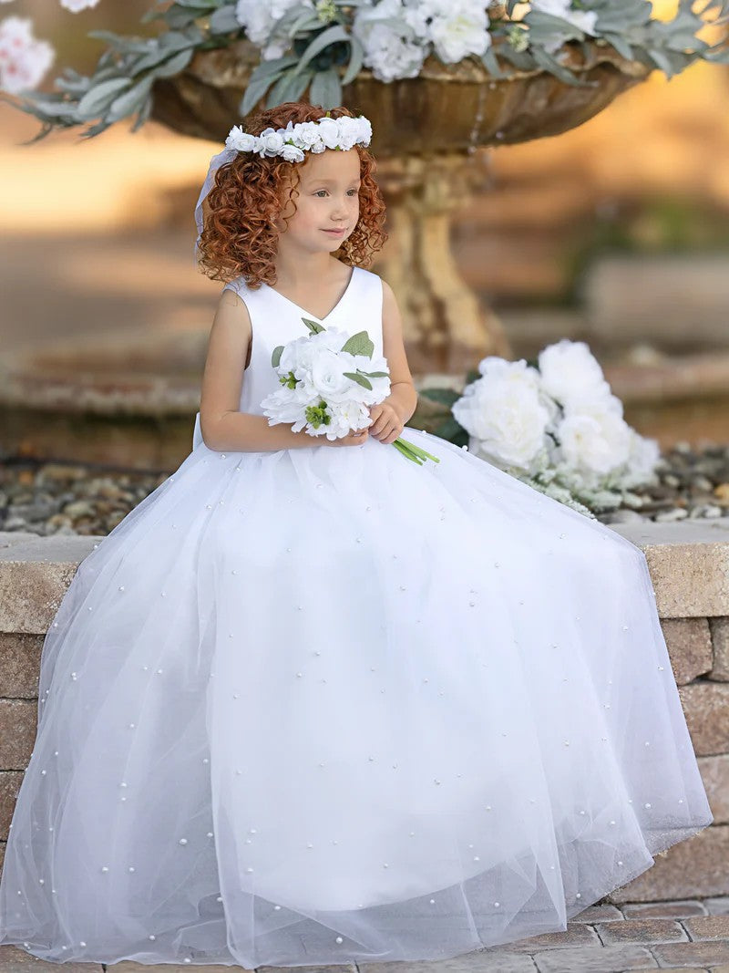 TinyTulle White Satin V-Neck Sleeveless Tulle Flower Girl Dress with Bow