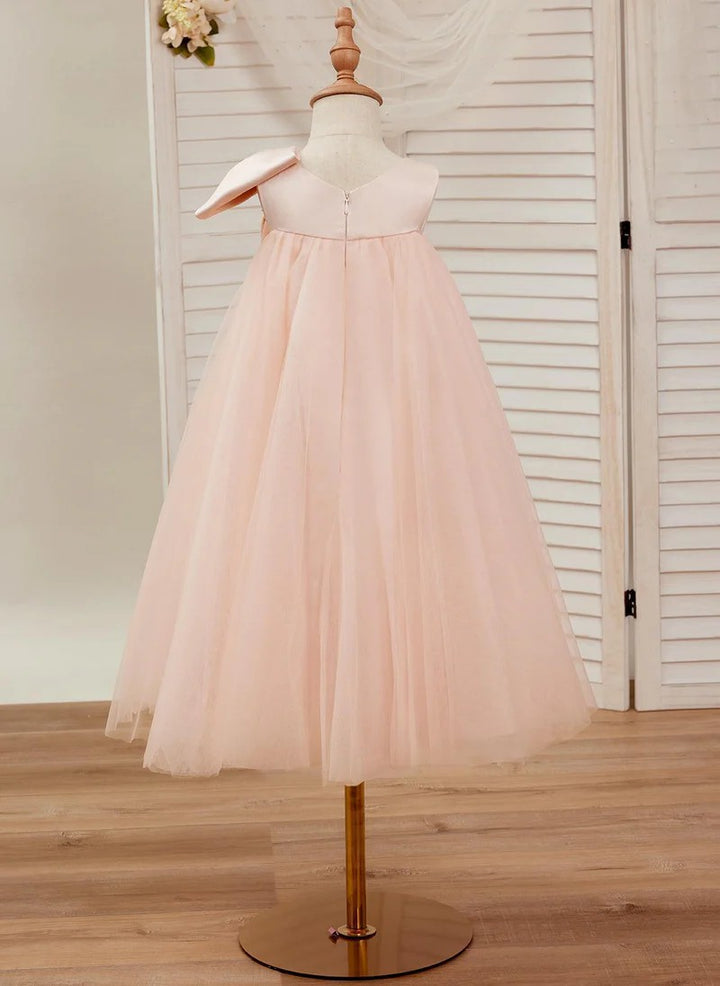 TinyTulle Elegant Pink Sleeveless A-Line Flower Girl Dress with Oversized Satin Bow