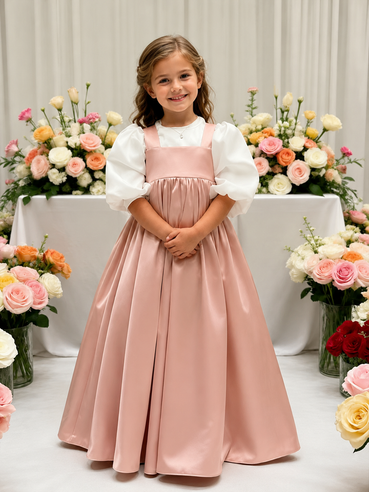 TinyTulle Elegant Ivory Satin High-Waist Puff Sleeve Flower Girl Dress for Weddings